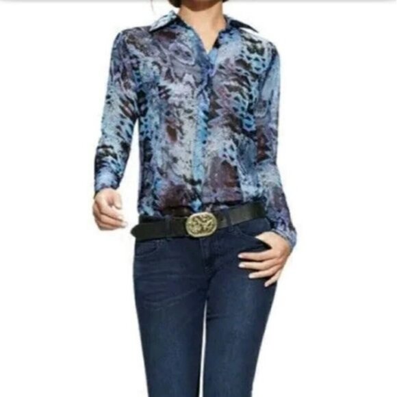 Cabi Women's Python Sheer Purple Blue Button-up Collared Career Top, Sz M - Picture 1 of 9